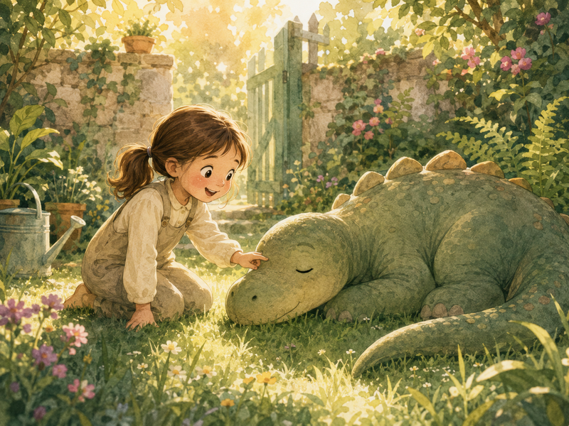 Léa rencontre un petit dinosaure endormi